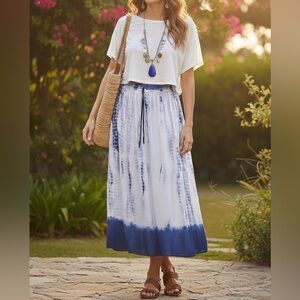 Suzy Shier Blue Tie Dye Boho Midi Skirt | Rayon & Cotton | Large